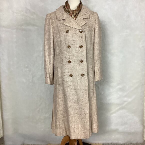 Vintage Jackets & Blazers - Vintage 60s Beige Tweed Belted Dress, Double Breasted Jacket, Belt & Scarf Set L